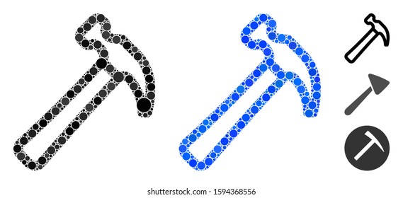 Hammer composition of round dots in various sizes and color tinges, based on hammer icon. Vector round dots are combined into blue composition. Dotted hammer icon in usual and blue versions.