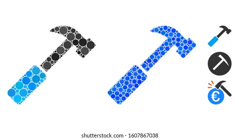 Hammer composition of small circles in various sizes and color tones, based on hammer icon. Vector small circles are composed into blue composition. Dotted hammer icon in usual and blue versions.