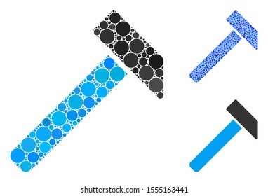 Hammer composition of spheric dots in different sizes and color tinges, based on hammer icon. Vector random circles are combined into blue composition. Dotted hammer icon in usual and blue versions.