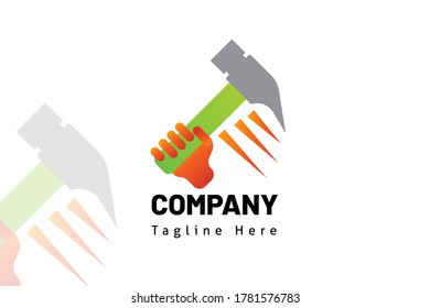 hammer in Crescent moon illustration logo template for icon construction, developer real estate, initial logo, brand system, marketing kit, and builder company