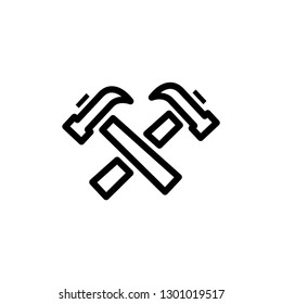 Hammer Crossed Line Icon In Flat Style For App, UI, Websites. Black Icon Vector Illustration.