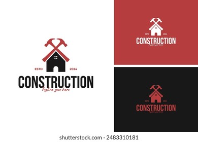 Hammer crossing a building silhouette logo design, perfect for a construction or real estate development company. Vector illustration template idea