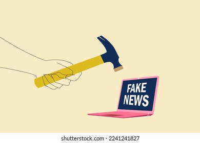 hammer destroy fake news in laptop. Concept of stop fake news and misinformation spreading on internet and media.
