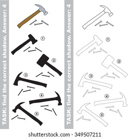 Hammer with different shadows to find the correct one. Compare and connect object with it true shadow.