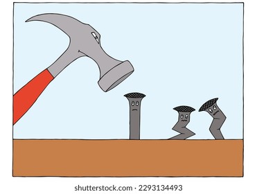 The hammer drives nails poorly. The concept of unskilled work. Hand Drawn. Freehand drawing. Doodle. Sketch. Outline.