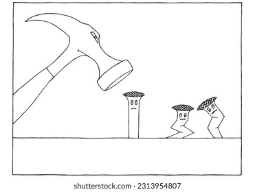The hammer drives nails poorly. The concept of unskilled work. Hand Drawn. Freehand drawing. Doodle. Sketch. Outline.	