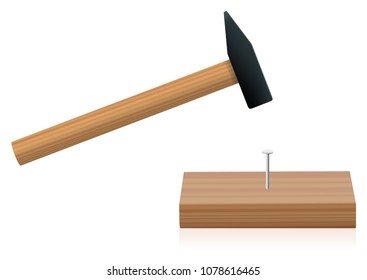 Hammer driving a nail into a plank - isolated vector illustration on white background.