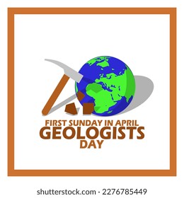 A hammer with earth, bold text and frame on white background to commemorate Geologists Day on First Sunday In April