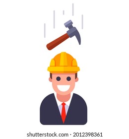 a hammer falling on a person in a helmet. flat vector illustration.