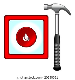 Hammer and fire alarm button box over white background