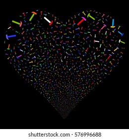 Hammer fireworks with heart shape. Vector illustration style is flat bright multicolored iconic symbols on a black background. Object love heart made from scattered symbols.