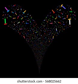Hammer fireworks stream. Vector illustration style is flat bright multicolored iconic symbols on a black background. Object double fountain created from random symbols.