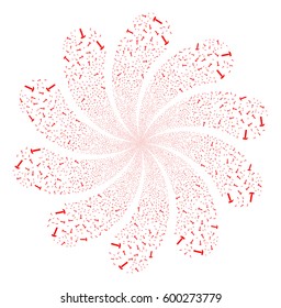 Hammer fireworks swirl flower with ten petals. Vector illustration style is flat red scattered symbols. Object twirl constructed from random pictographs.