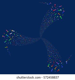 Hammer fireworks swirl rotation. Vector illustration style is flat bright multicolored iconic symbols on a blue background. Object spiral constructed from random symbols.