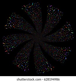 Hammer fireworks swirl rotation. Vector illustration style is flat bright multicolored iconic symbols on a black background. Object spiral created from random icons.
