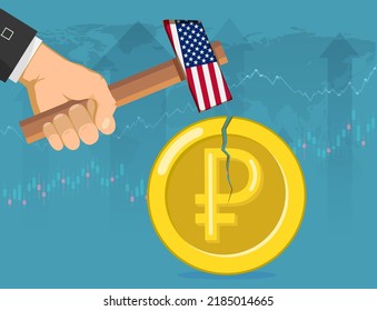 Un martillo con la bandera de los Estados Unidos está golpeando el rublo ruso. La política de sanciones y la crisis financiera. ilustración vectorial.
