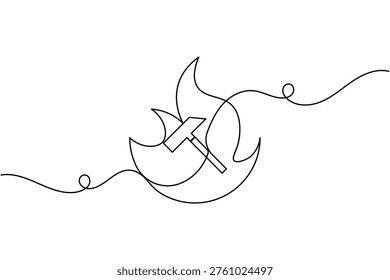 Hammer with flames icon continuous one line drawing on white background minimalist metal forging tools symbol outline vector illustration