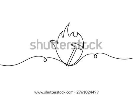 Hammer with flames icon continuous one line drawing on white background minimalist metal forging tools symbol outline vector illustration