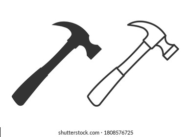 Iconos de línea y plano de martillo. Vector aislado sobre fondo blanco.