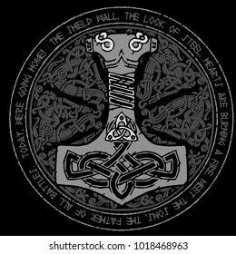 Hammer of God Thor - Mjollnir. Round traditional Scandinavian ornament and runic text, isolated on black, vector illustration
