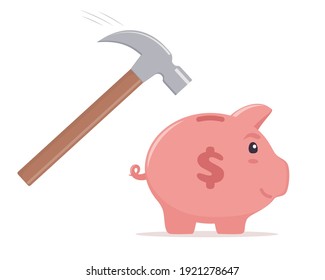 Hammer Going To Break The Piggy Bank. Money Saving, Economy, Investment, Banking Or Business Services Concept. Profit, Income, Earnings, Budget, Fund. Vector Illustration