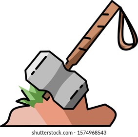 Hammer with grass and sand icon logo flat design 