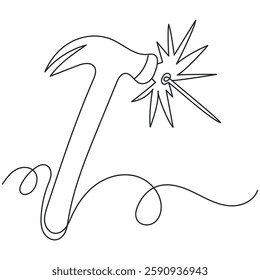 Hammer hammering nail drawn in one style. Vector continuous line illustration of working tool, hammer