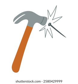 Hammer hammering a nail. Hammer has a claw on one side for removing nails and a striking surface on the other side for hammering nails. Vector illustration in flat cartoon style, for icon, sticker