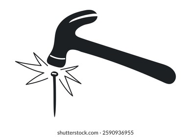 Hammer hammering nail silhouette. Repair icon. Hammer and nail icon, eps 10.