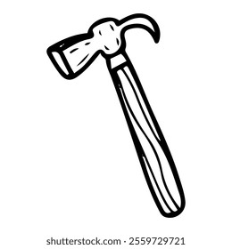 Hammer hand drawn doodle. Tool for driving nails. Claw hammer. Workshop equipment. Metal tool with wooden handle. Vector line art illustration.