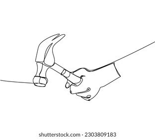 Hammer in hand, hit, repair, smash one line art. Continuous line drawing of equipment, industry, carpentry, metal, worker, hardware, instrument, service, workshop, steel, mechanic, construct