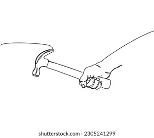 Hammer in hand, hit, repair, smash one line art. Continuous line drawing of equipment, industry, carpentry, metal, worker, hardware, instrument, service, workshop, steel, mechanic, construct