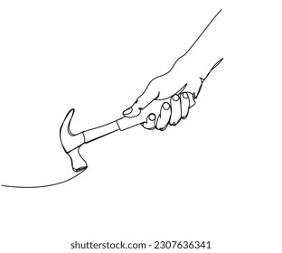 Hammer in hand, hit, repair, smash one line art. Continuous line drawing of equipment, industry, carpentry, metal, worker, hardware, instrument, service, workshop, steel, mechanic, construct