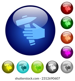 Hammer in hand icons on round glass buttons in multiple colors. Arranged layer structure