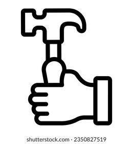 Hammer in hand line icon, labour day concept, carpentry equipment sign on white background, worker arm with hammer icon in outline for mobile web design. Vector graphics.