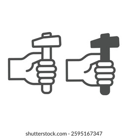 Hammer in hand line and solid icon, repair service concept. Vector graphics. Human hand with hammer sign on white background, outline style icon for mobile or web design