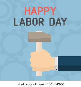 Hammer in hand on Labor day background, illustration.