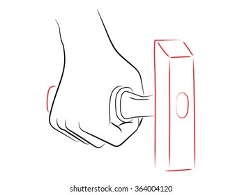 hammer in hand, one hand holding a hammer. Pencil vector drawing on the theme of construction, labor, tools.