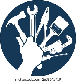 Hammer in hand and repair tool kit sign. Jack of all trades