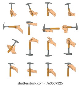 Hammer in hand. Right and wrong ways to hold hammer. Hand holding the hammer with the wrong side, reverse side, by two fingers. Vector isolated illustration, hand drawn.