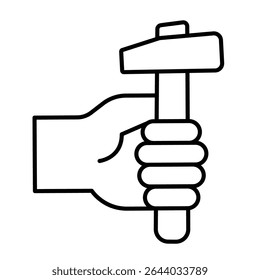 Hammer in hand thin line icon, repair service concept. Vector graphics. Human hand with hammer sign on white background, style mobile or design