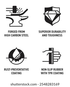 Hammer hand tool benefits icons set - Forged from high carbon steel, Superior durability and toughness, Rust-preventative coating, Non-slip rubber with TRP coating. Pictograms for labeling in flat