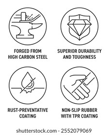 Hammer hand tool benefits icons set - Forged from high carbon steel, Superior durability and toughness, Rust-preventative coating, Non-slip rubber with TRP coating. Pictograms in thin line and circle