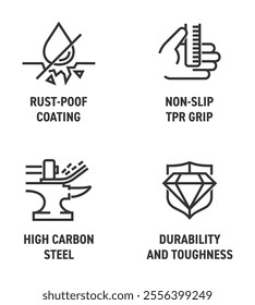 Hammer hand tool benefits icons set - Forged from high carbon steel, Superior durability and toughness, Rust-preventative coating, Non-slip rubber with TRP coating. Pictograms for labeling in bold