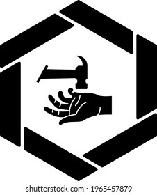 Hammer with Hand Vector Icon Design, Black Hexagonal warning signs, Safety Label and Hazard symbol on white background, Caution or Notice signage stock illustration, Hand Hazard Concept, 