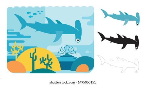 Hammer head shark icons. Flat vector illustration of hammer head shark. Decorative cute illustration for children. Graphic design elements for print and web.