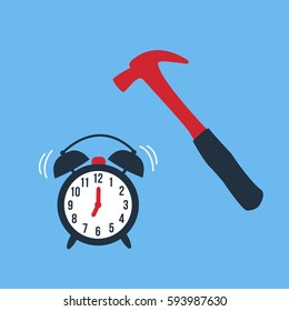 Hammer hit and breaking vintage classic old Alarm Clock vector modern. Smashing the time in monday morning on light blue background