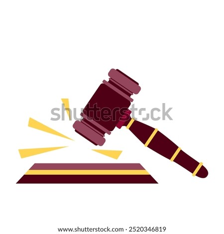 Hammer hits at auction in flat design. Legal decision for buying arts. Vector illustration isolated.