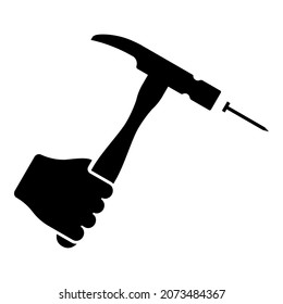 Hammer hits nail in hand claw holding Fixing and repairing working tools icon black color vector illustration flat style simple image
