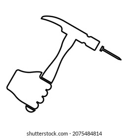 Hammer hits nail in hand claw holding Fixing and repairing working tools contour outline icon black color vector illustration flat style simple image